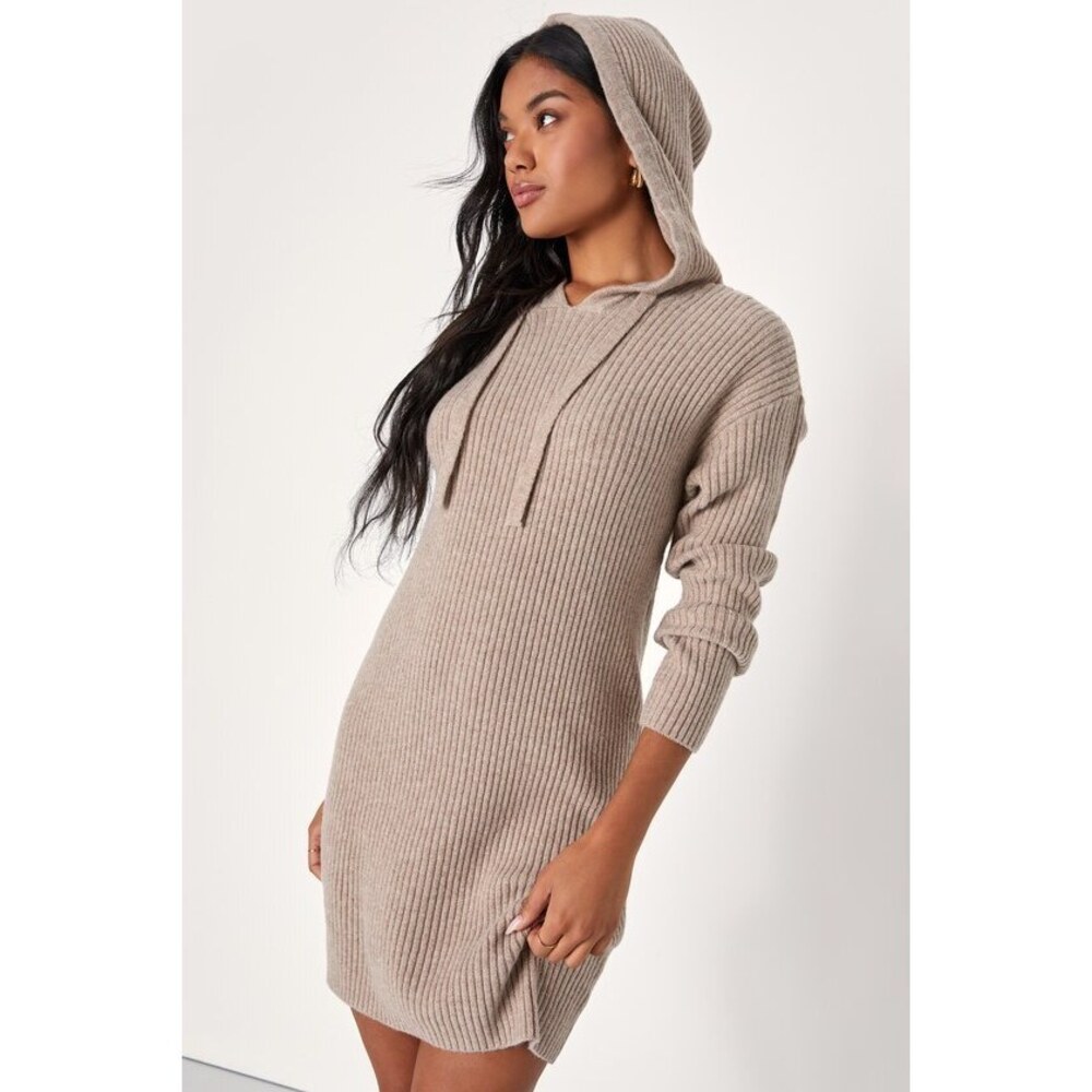 Lulus Snuggly Option Heather Taupe Hooded Mini Sweater Dress
